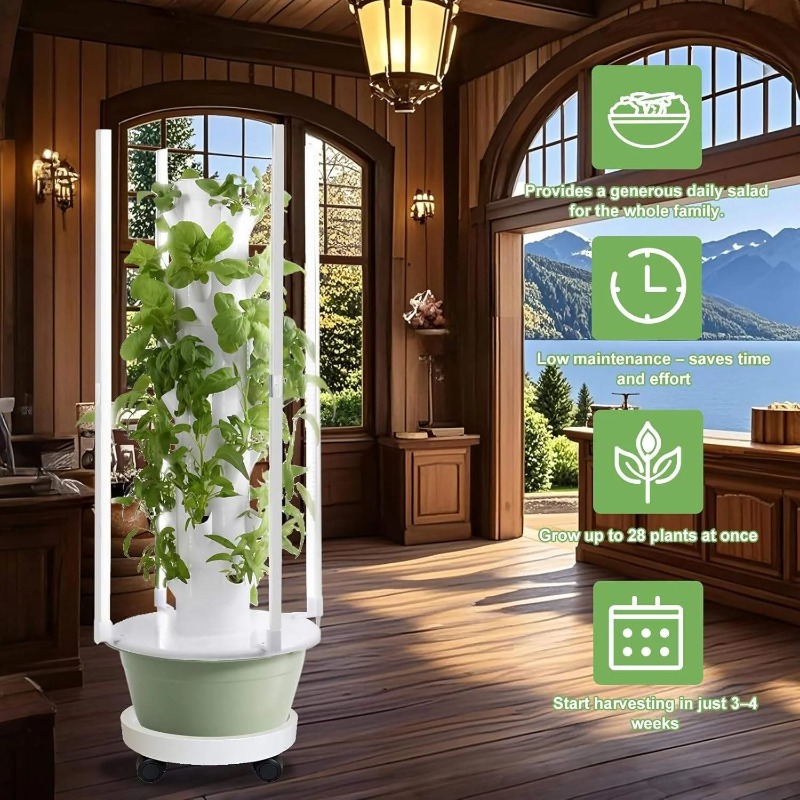 Hydroponic Tower Planter - ระบบปลูกพืชแบบไฮโดรโปนิกส์พร้อมไฟ LED ปลูกต้นไม้ 4 ดวง, ชุดปลูกแบบไฮโดรโปนิกส์แบบทาวเวอร์,