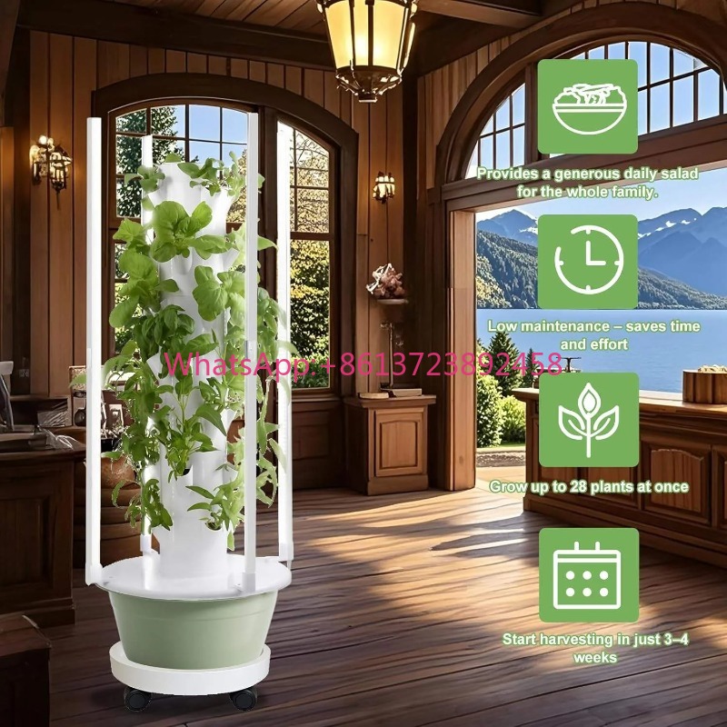 Hydroponic Tower Planter - ชุดระบบปลูกพืชแบบไฮโดรโปนิกส์พร้อมไฟปลูกต้นไม้ LED 4 ดวง, ชุดปลูกพืชแบบไฮโดรโปนิกส์, กระถางปลูกต้นไม้